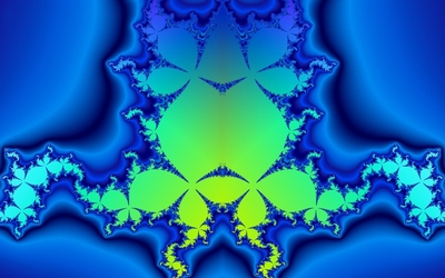 Green fractal swirls on top of the blue curves wallpaper