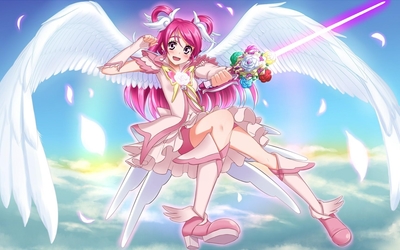 Angel with pink hair holding a magical sword Wallpaper