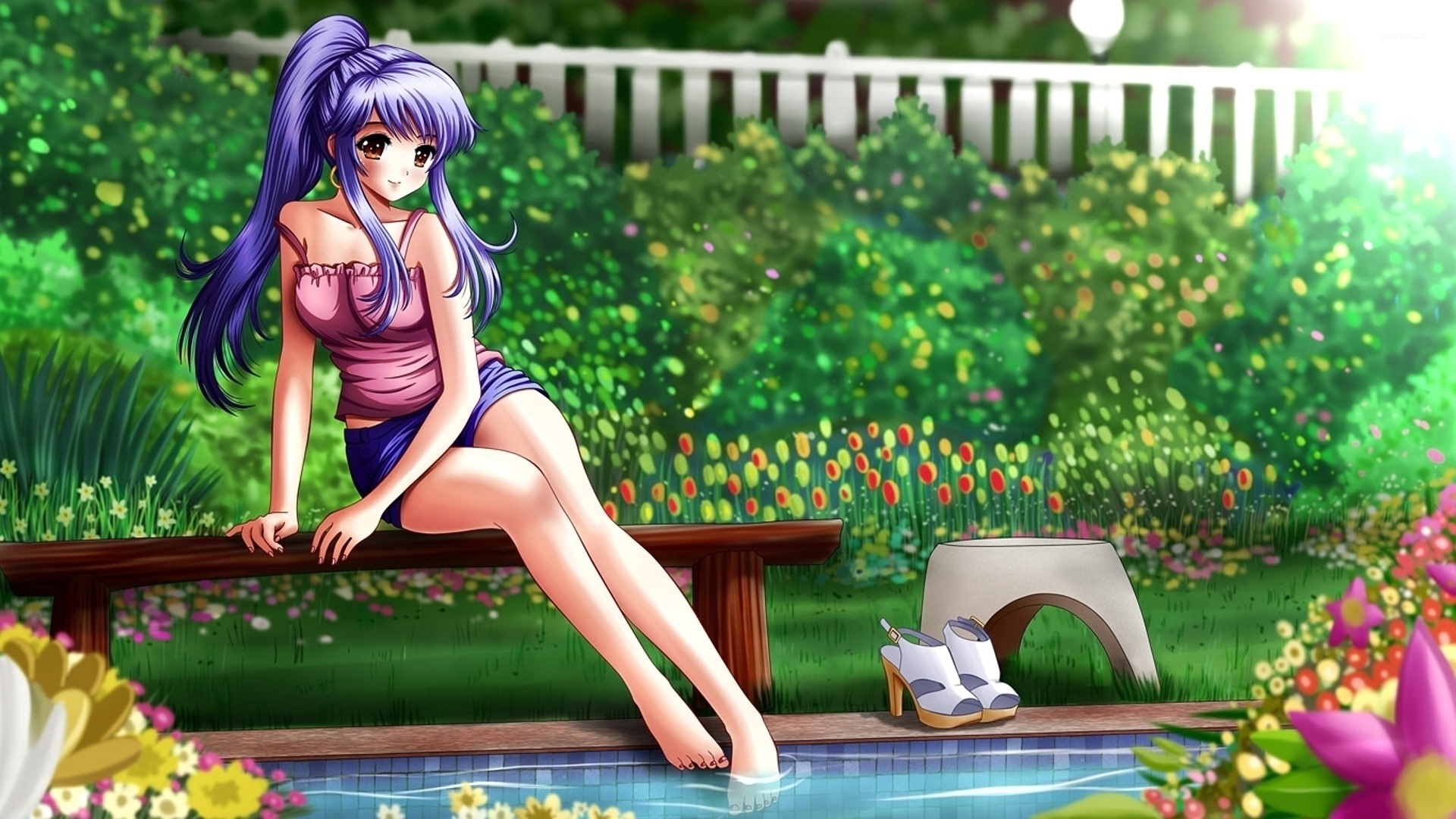 Beautiful Girl With Purple Hair With Legs In The Pool Wallpaper