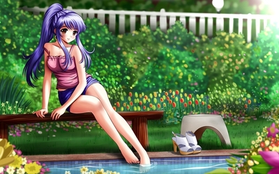 Beautiful girl with purple hair with legs in the pool wallpaper