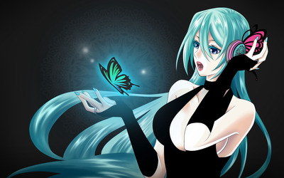 Blue girl playing with a blue butterfly wallpaper
