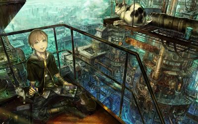 Boy painting a cat in the steampunk city Wallpaper