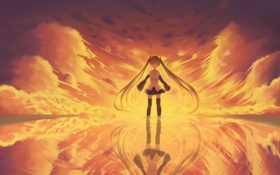 Burning sky behind Hatsune Miku - Vocaloid Wallpaper