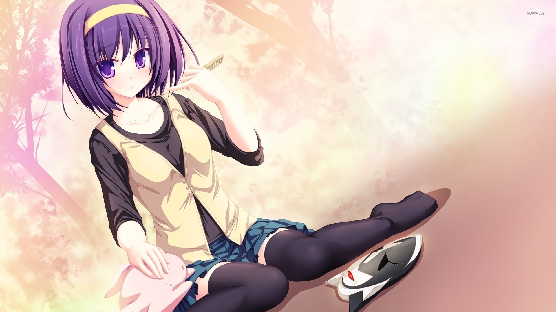 Girl with short purple hair on the ground wallpaper - Anime wallpapers