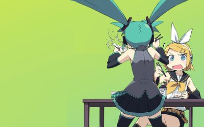 IU and Hatsune Miku eating at the table - Vocaloid wallpaper