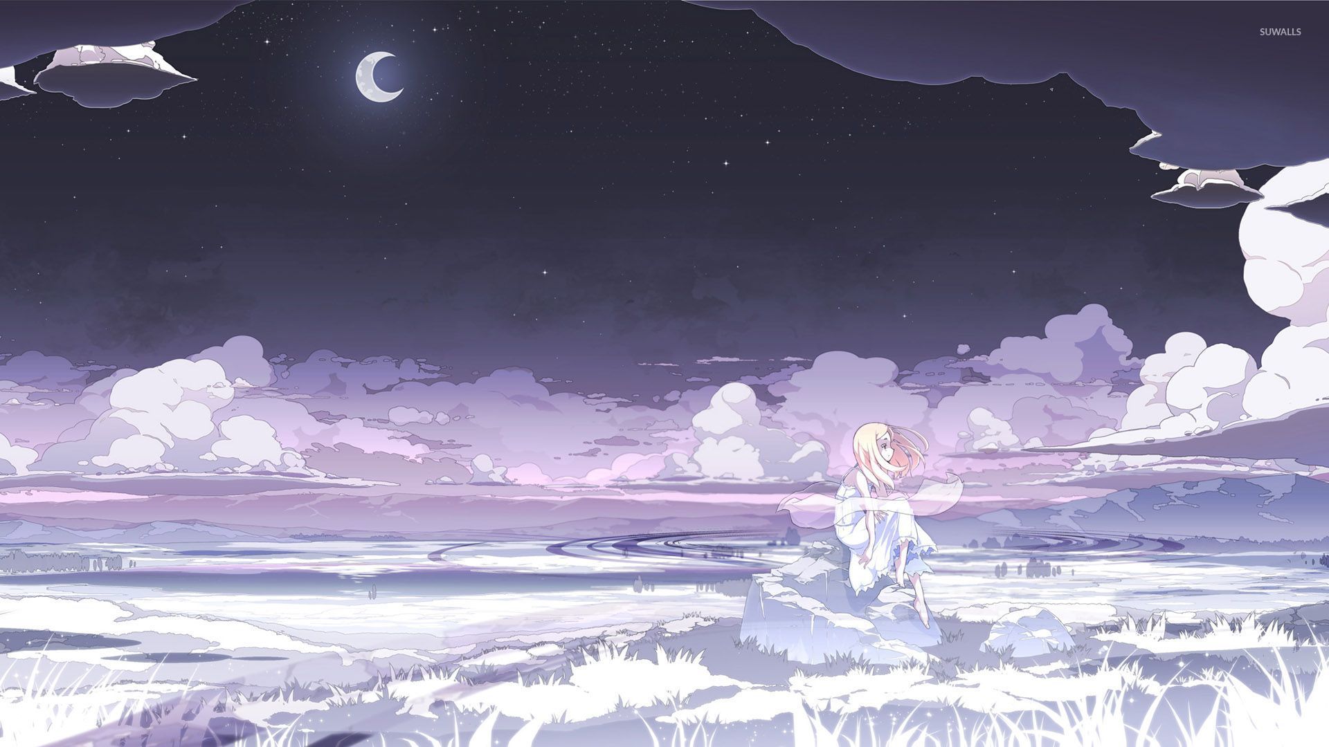 Sad Blonde Under The Moonlight Wallpaper Anime Wallpapers