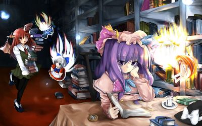 Touhou Project characters in the library wallpaper