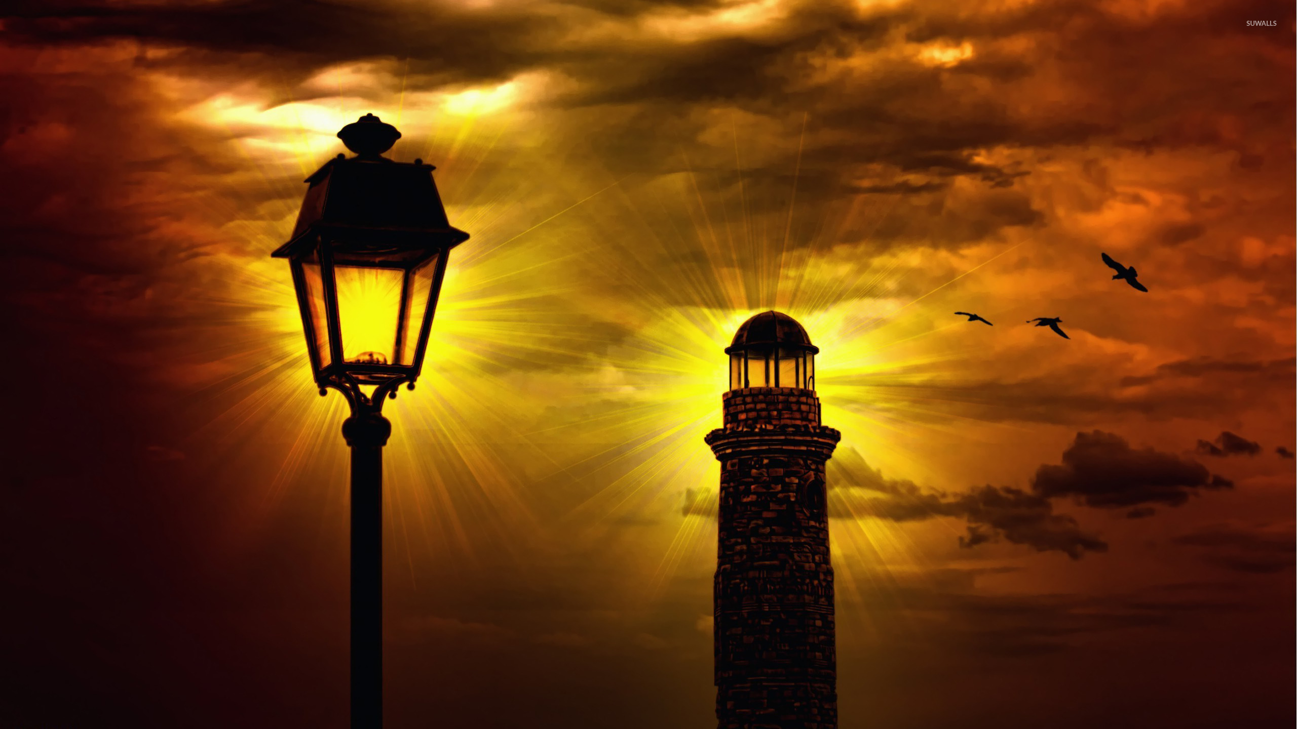 Lighthouse and street lamp wallpaper
