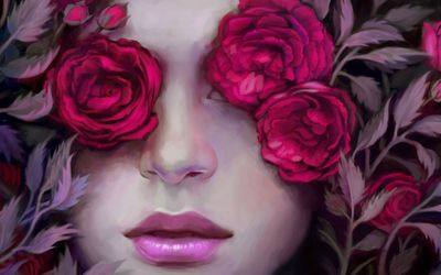 Woman hiding behind pink roses wallpaper