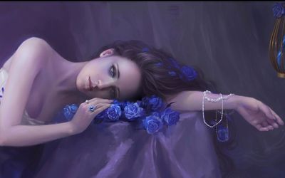 Woman on blue roses Wallpaper