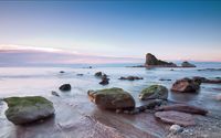 Mossy rocks on the beach at sunset wallpaper 2560x1600 jpg