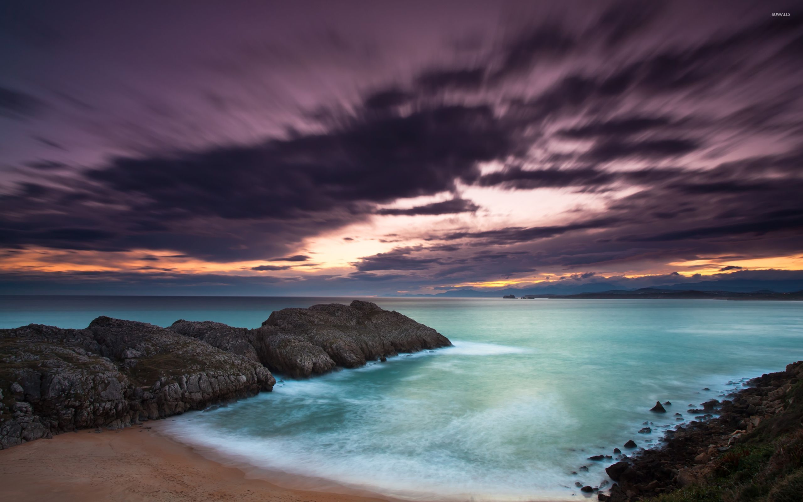 Purple clouds above the rocky ocean shore wallpaper - Beach ...
