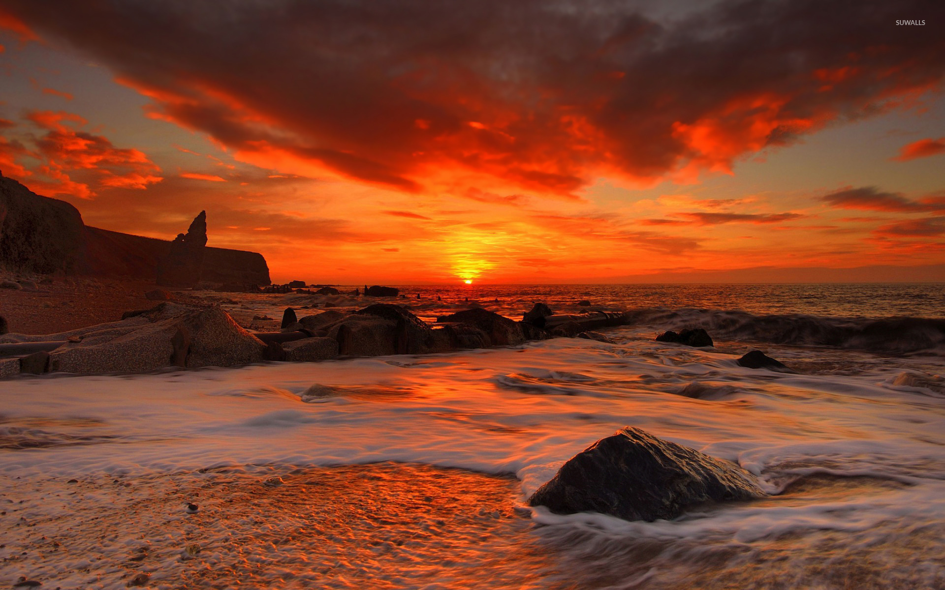 Red Sunset Above The Rocky Beach Wallpaper Beach Wallpapers 48873