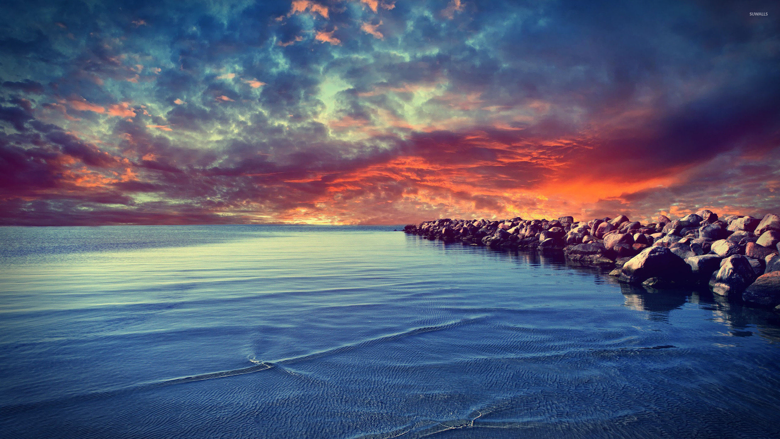 Rocky beach Wallpaper 4K, Sunset, Seascape, Coastline