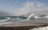 Waves splashing on the stone pier wallpaper 2560x1600 jpg