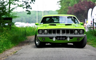 Front view of a green Plymouth Barracuda wallpaper