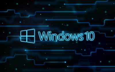 Windows 10 glowing logo on a network wallpaper