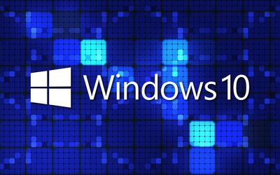 Windows 10 white text logo on blue squares wallpaper