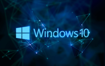 Windows 10 text logo on blue network wallpaper