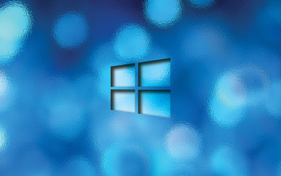 Windows 10 transparent logo on a blue bokeh wallpaper