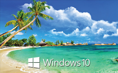 Windows 10 text logo on a tropical beach wallpaper