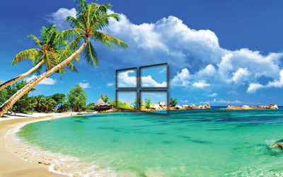 Windows 10 transparent logo on a tropical beach wallpaper