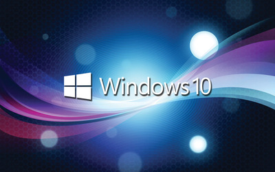 Windows 10 white text logo over the blue cuves wallpaper