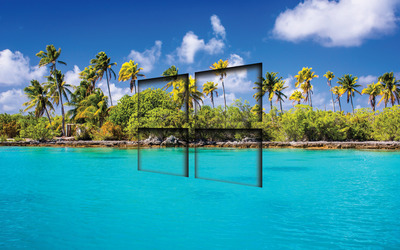 Windows 10 transparent logo over the tropical island wallpaper
