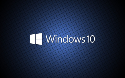 Windows 10 white text logo on a blue grid wallpaper