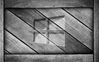 Windows 10 on a gray wooden crate Wallpaper