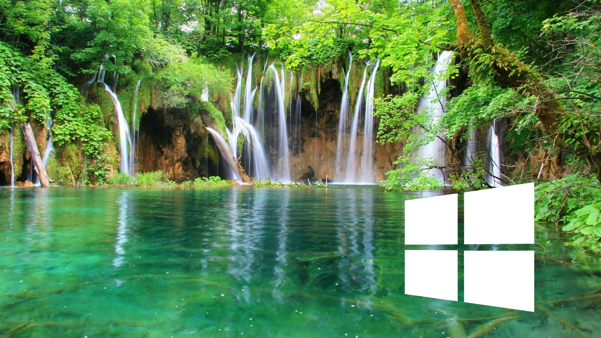 Windows 10 on a waterfall simple white logo wallpaper - Computer