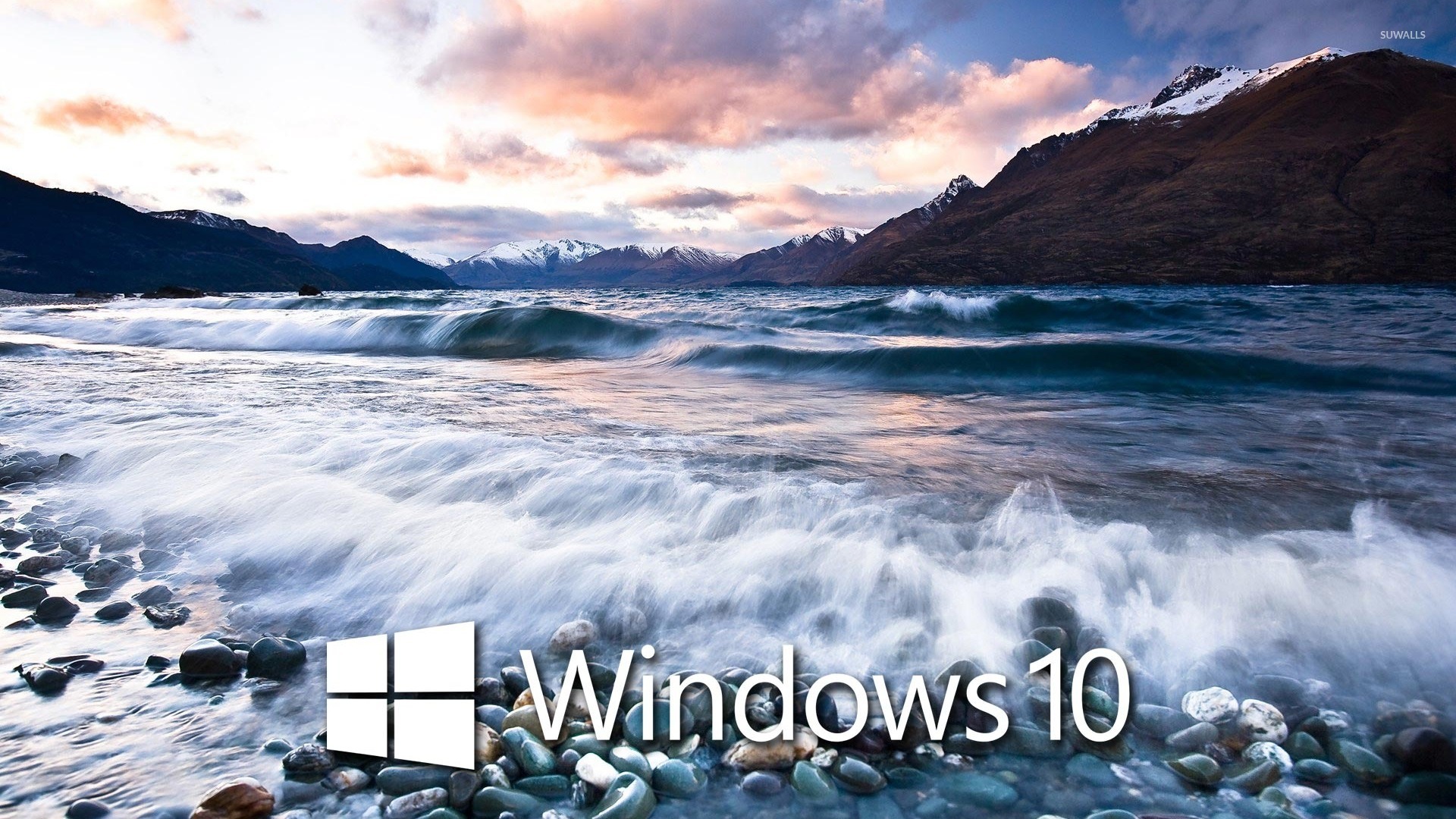 Windows 10 on the lake shore white text logo wallpaper - Computer ...
