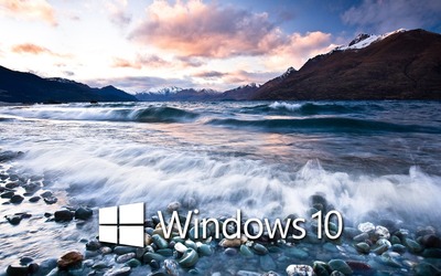 Windows 10 on the lake shore white text logo wallpaper