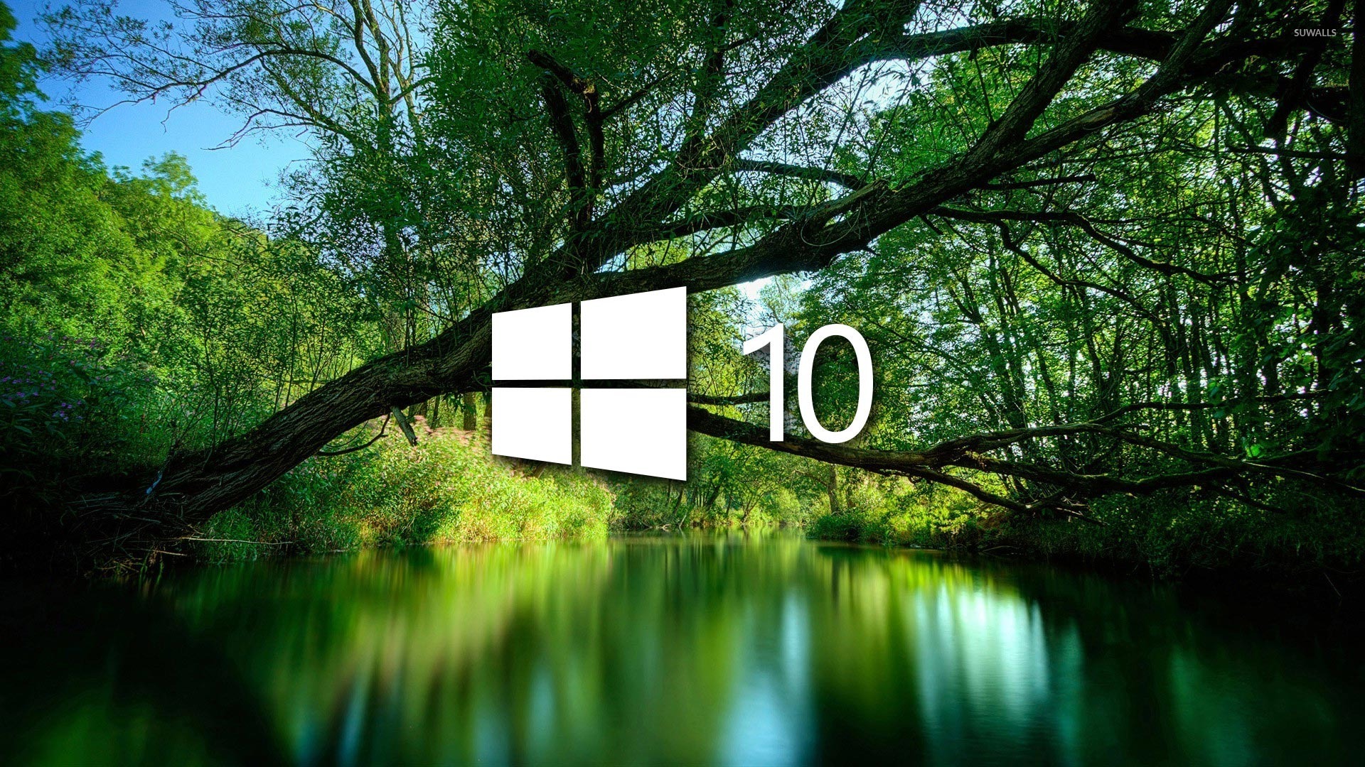 Windows 10 over a green lake simple logo wallpaper - Computer