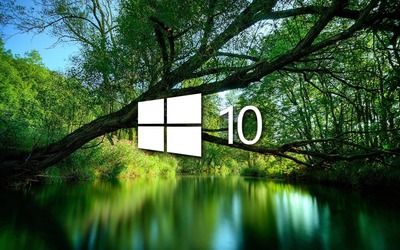 Windows 10 over a green lake simple logo Wallpaper