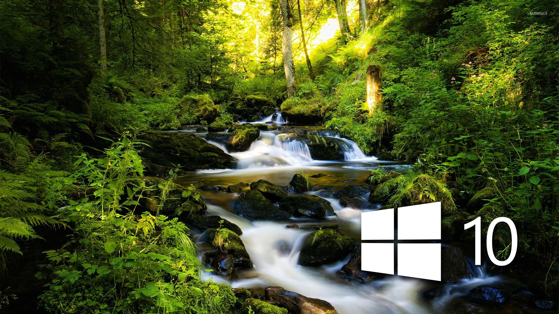 Windows 10 over the forest creek simple logo wallpaper ...