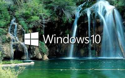 Windows 10 over the waterfall logo with text wallpaper