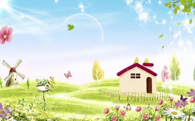 Amazing spring nature by the small house wallpaper