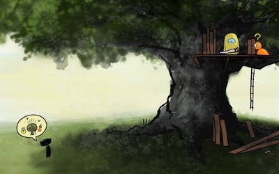 Black kitten dreaming of a tree house wallpaper