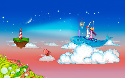 Couple on a whale in the clouds Wallpaper