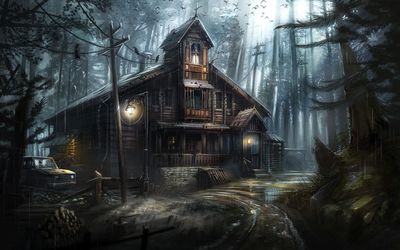 Creepy wooden house in the forest wallpaper
