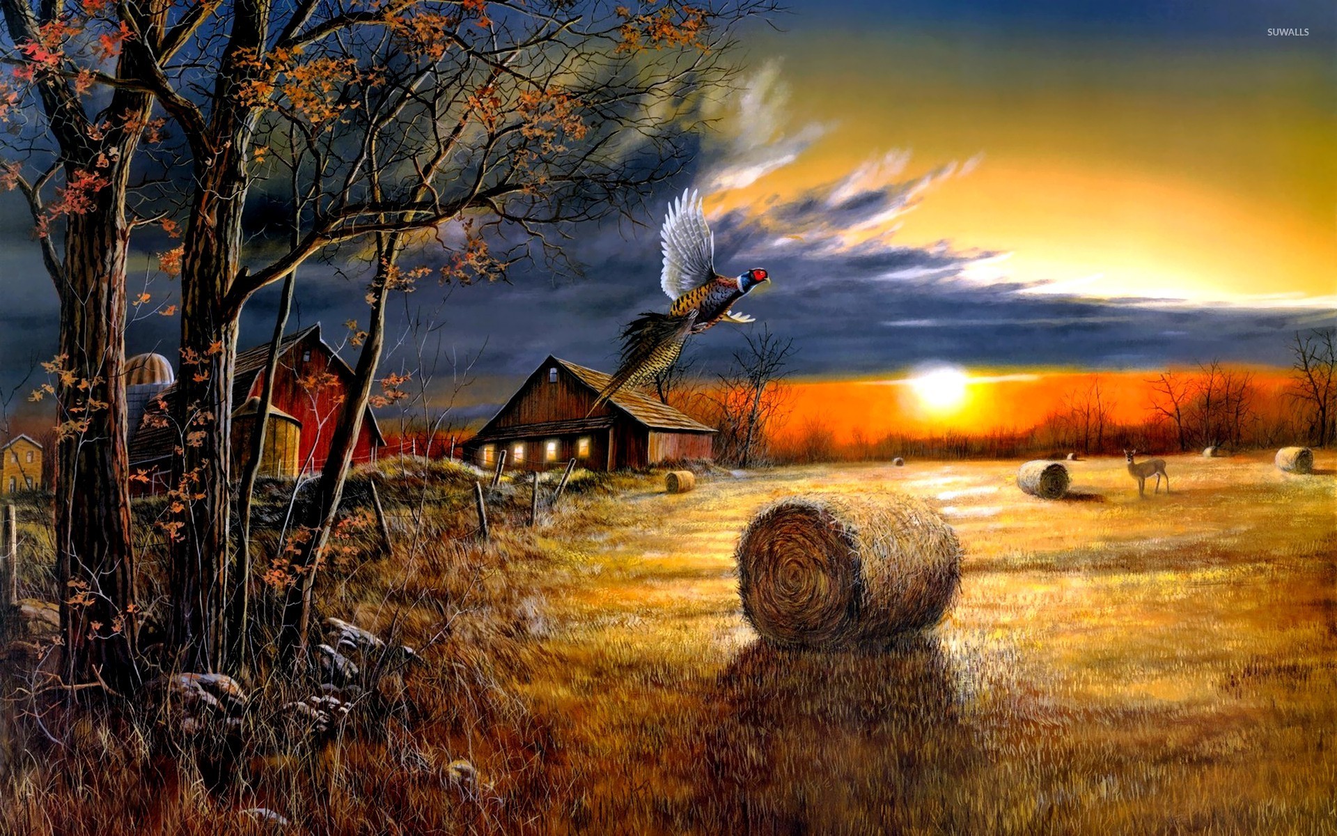 Oil painting backdrops forest barn background for sale - whosedrop