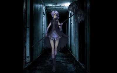 Girl with purple hair walking through a dark hallway wallpaper