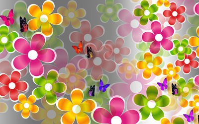 Multicolored daisies and butterflies wallpaper