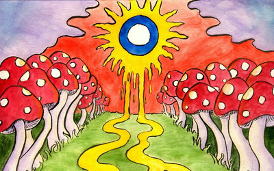 Path to the sun through the mushrooms Wallpaper
