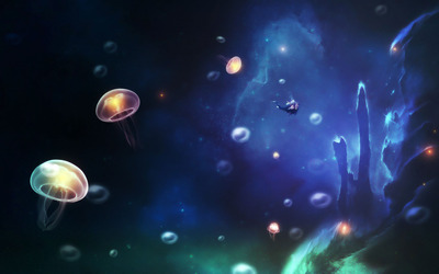 Scuba diver and glowing jellyfish wallpaper