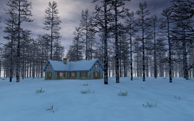 Snow on the house in the forest wallpaper