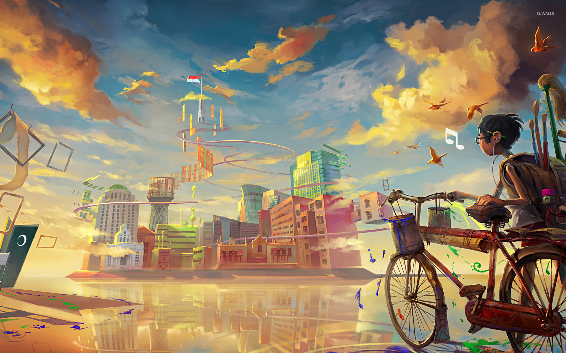 Boy entering colorful city by bike wallpaper - Fantasy wallpapers - #16399