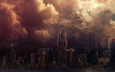 Cloudy sky above the city wallpaper