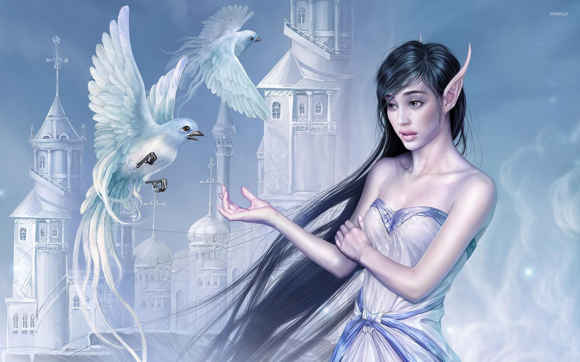 Elf girl with doves wallpaper - Fantasy
